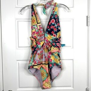 JOHNNY WAS Japer NEW Floral Halter Plunge One Piece Swimsuit NEW Size XL